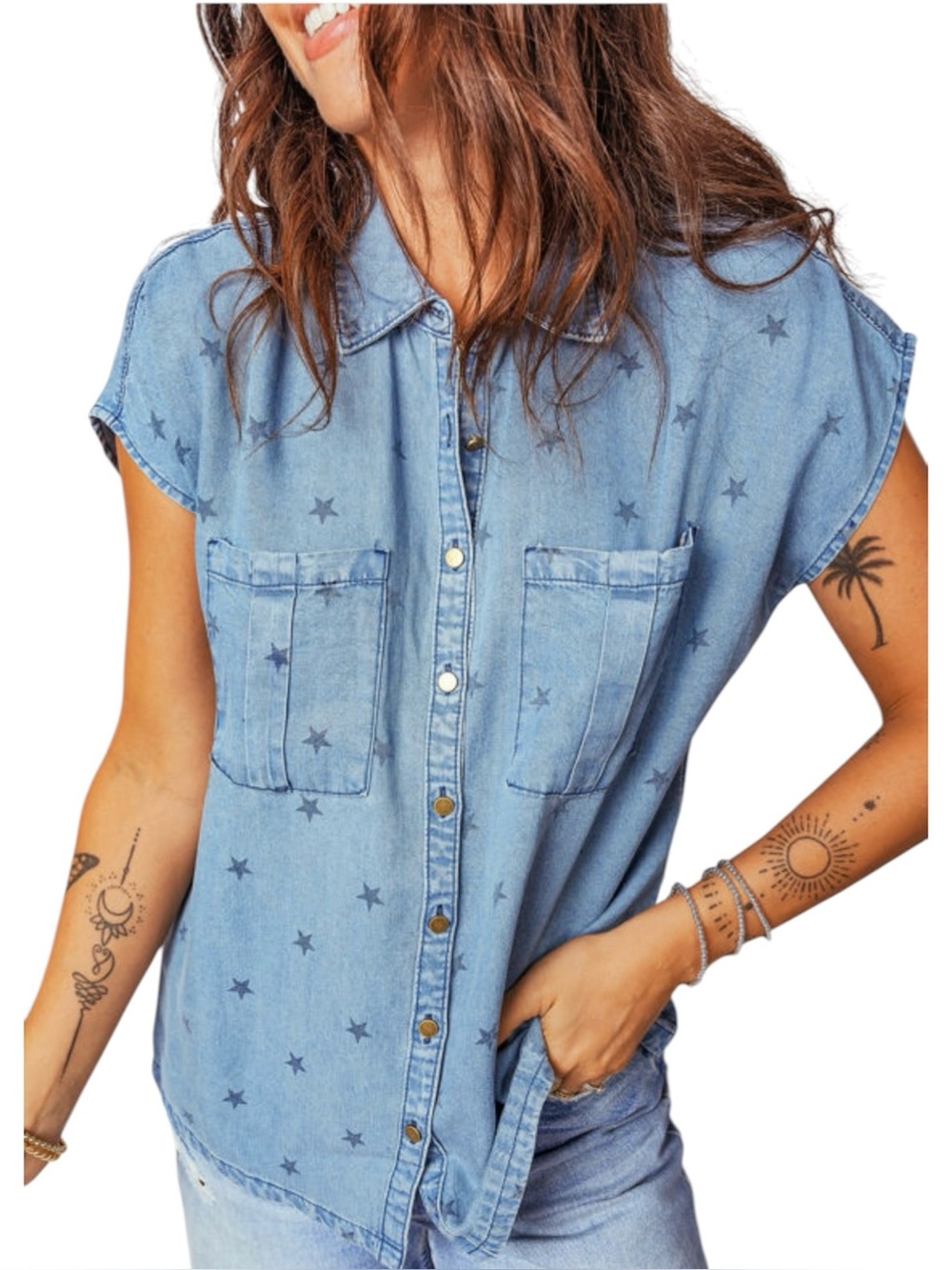 7123. Light Blue Star-Print Denim Button-Up Top